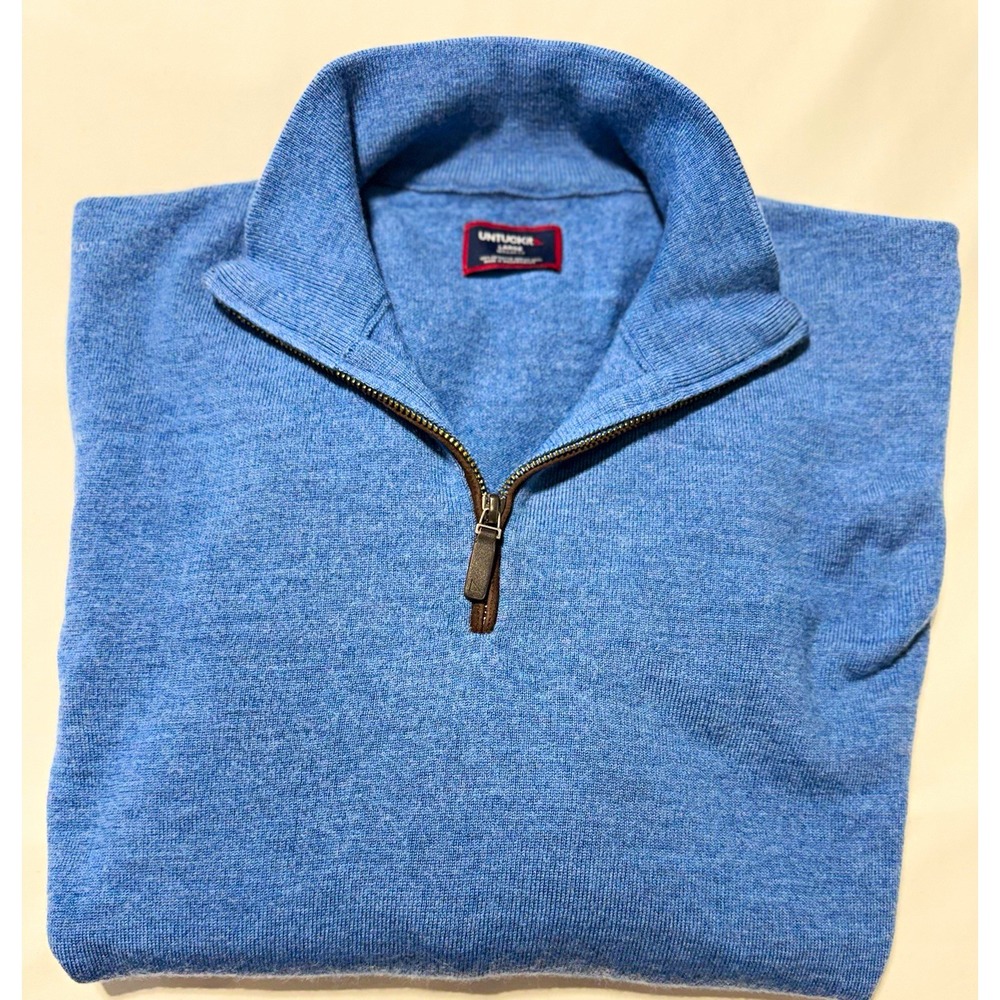 UNTUCKit Mens Sweater L Blue Merino Wool Knit 1/4 Zip Mock Neck Regular Fit
